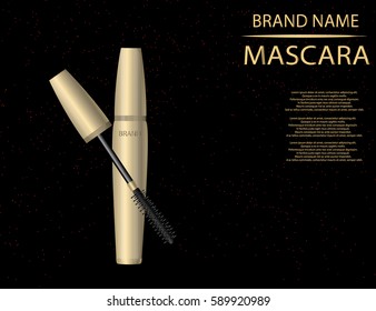 Glamorous mascara product, golden package design in 3d on the  sparkling effects background. Mockup 3D Realistic Vector illustration for design, template