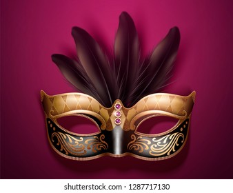 Glamorous mask with feathers in 3d illustration on burgundy purple background