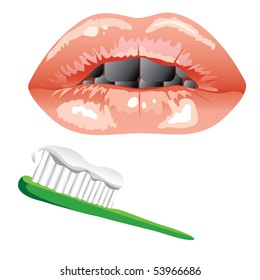 glamorous mouth with diseased teeth. toothbrush with toothpaste. Illustration
