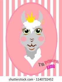 Glamorous muzzle of alpaca with a striped background and big eyes in anime style, with a crown and an earring in the ear. Stylish vector illustration.