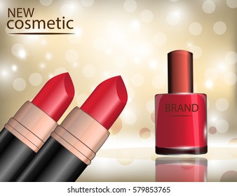 Glamorous nail lacquer and lipstick on the  sparkling effects background. Mockup 3D Realistic Vector illustration for design, template