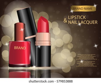 Glamorous nail lacquer and lipstick on the  sparkling effects background. Mockup 3D Realistic Vector illustration for design, template