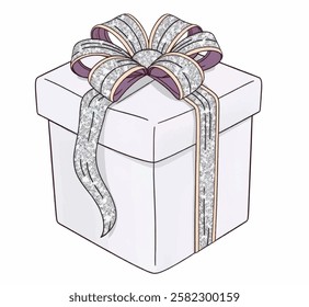 A glamorous New Years Eve gift box with silver wrapping and glittery ribbon, perfect for New Year’s celebration and festive designs.