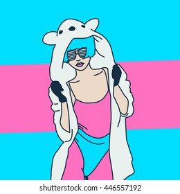 Glamorous Panda Party. Stylish Pop art. DJ Girl