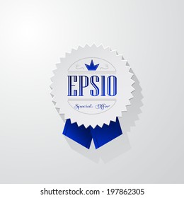 Glamorous paper sticker with blue text and ribbons