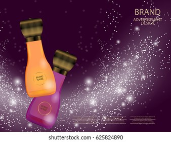 Glamorous perfume glass bottle on the  sparkling effects background. Mock-up 3D Realistic Vector illustration for design, template