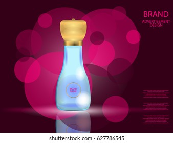 Glamorous perfume glass bottle on the sparkling effects background. Mock-up 3D Realistic Vector illustration for design, template