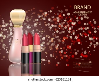Glamorous perfume glass bottle and red lipsticks set on the  sparkling effects background. Mock-up 3D Realistic Vector illustration for design, template