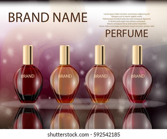 Glamorous perfume glass bottles on the  sparkling effects background. Mock-up 3D Realistic Vector illustration for design, template