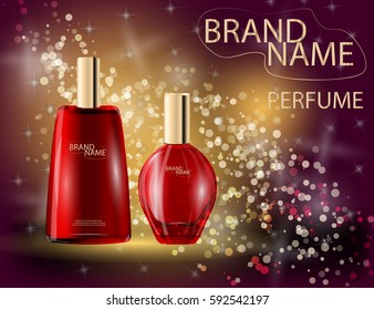 Glamorous perfume glass bottles on the  sparkling effects background. Mock-up 3D Realistic Vector illustration for design, template