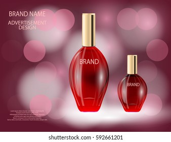 Glamorous perfume glass bottles on the  sparkling effects background. Mock-up 3D Realistic Vector illustration for design, template