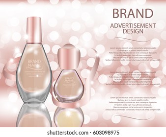 Glamorous perfume glass bottles on the sparkling effects background. Mock-up 3D Realistic Vector illustration for design, template