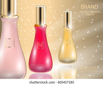 Glamorous perfume glass bottles on the  sparkling effects background. Mock-up 3D Realistic Vector illustration for design, template