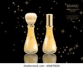Glamorous perfume glass bottles on the  sparkling effects background. Mock-up 3D Realistic Vector illustration for design, template