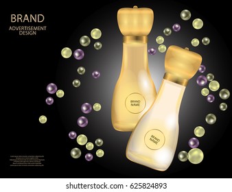 Glamorous perfume glass bottles on the  sparkling effects background. Mock-up 3D Realistic Vector illustration for design, template