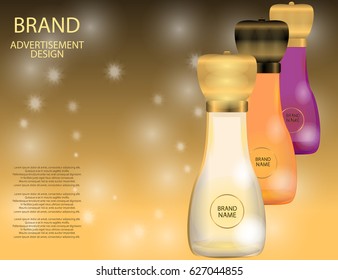 Glamorous perfume glass bottles on the sparkling effects background. Mock-up 3D Realistic Vector illustration for design, template