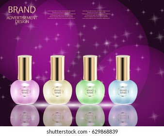 Glamorous perfume glass bottles on the sparkling effects background. Mock-up 3D Realistic Vector illustration for design, template