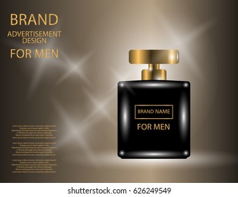 Glamorous Perfume for Men Contained in a Square Glass Bottle on the  sparkling effects background. Mock-up 3D Realistic Vector illustration for design, template