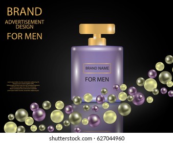 Glamorous Perfume for Men Contained in a Square Glass Bottle on the  sparkling effects background. Mock-up 3D Realistic Vector illustration for design, template
