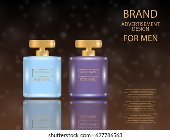 Glamorous Perfume for men Contained in a Square Glass Bottle on the  sparkling effects background. Mock-up 3D Realistic Vector illustration for design, template