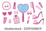 Glamorous pink doll girl trendy set with aesthetic accessories and cosmetics. Fashion pink girl collection. Cartoon vector illustration.