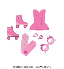 Glamorous pink elements vector cartoon illustration on isolated background. Drawn accessories with clothes, gloves, rollers, hair clips, glasses, nostalgic 2000s style pink set. Fashion and lifestyle