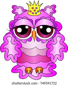 Glamorous pink owl-princess with crown, pattern with the effect of volume