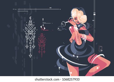 Glamorous pretty girl in dark dress with glasses. Vector illustration