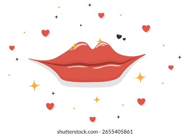 Labios rojos glamurosos rodeados de corazones flotantes y destellos. Beso dulce con símbolos de amor
