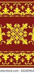 Glamorous Regency Florals with Royal Gold Silk Weaves Embroidery Scroll Ornament on Red Background. Luxury Pattern for all kind of decor wealth and glory fleur de lis inspired as apparel textile batik