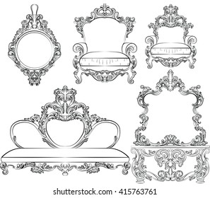 Glamorous Rich Baroque Rococo Furniture Set. French Luxury Rich Carved Ornaments Furniture. Vector Victorian Exquisite Style Furniture