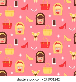 Glamorous seamless pattern with a blonde and brune girls with silicone lips under spotlit. Fancy shoes, bags, dogs, phone and necklace. Illustration in a flat style. Fully editable vector.