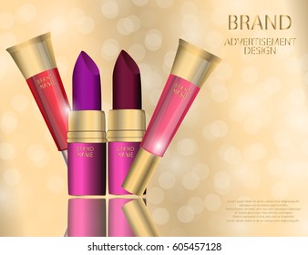 Glamorous Set of tubes with color lipstick or balm on the  sparkling effects background. Mock-up 3D Realistic Vector illustration for design, template