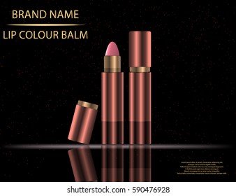 Glamorous Set of tubes with lip colour balm on the  sparkling effects background. Mock-up 3D Realistic Vector illustration for design, template