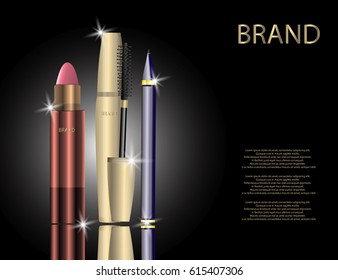 Glamorous Set of tubes with Lip Colour Balm, Mascara Package and Eyeliner on the  Sparkling Effects Background. Mock-up 3D Realistic Vector Illustration for Design, template 