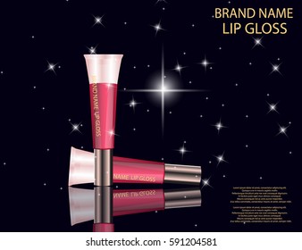 Glamorous Set of tubes with lip gloss on the  sparkling effects background. Mock-up 3D Realistic Vector illustration for design, template