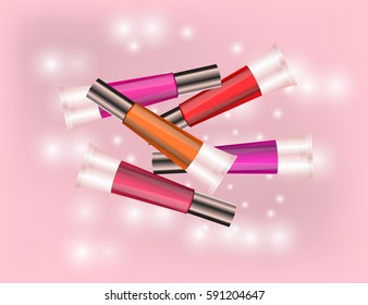 Glamorous Set of tubes with lip gloss on the  sparkling effects background. Mock-up 3D Realistic Vector illustration for design, template