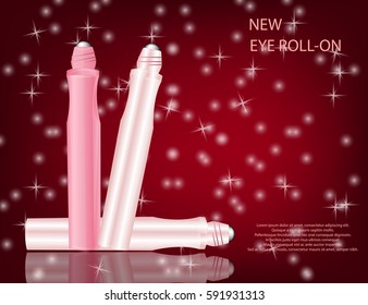 Glamorous Set of tubes with lip gloss and eye roll-on on the  sparkling effects background. Mock-up 3D Realistic Vector illustration for design, template