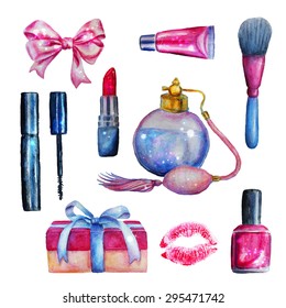 Glamorous shiny make up watercolor cosmetics set.  Vector beauty illustration.