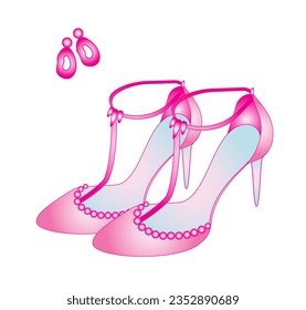 Glamorous shoes and earrings in pink. Trend. Vector.