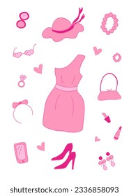Glamorous stylish modern pink elements for a girl. Dress, clothes, shoes, rollers, hat, glasses, bag, lipstick.Nostalgic barbiecore 2000s style collection