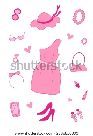 Glamorous stylish modern pink elements for a girl. Dress, clothes, shoes, rollers, hat, glasses, bag, lipstick.Nostalgic barbiecore 2000s style collection