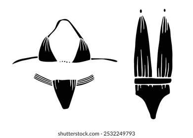 Glamorous Swimsuit Icon Set. Fashion doodle clip art. Front, black color. Isolated on a white background