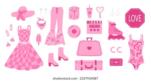 Glamorous trendy barbiecore set. Nostalgic pinkcore 2000s style