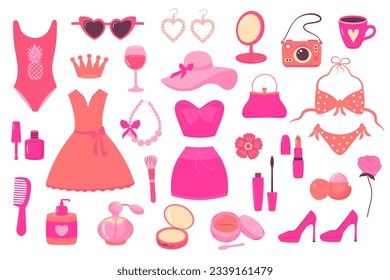 Glamorous trendy pink girl doll stickers set. Nostalgic 2000s style collection. Accessories, clothes and cosmetics for girls.  