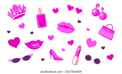 Glamorous trendy pink set. Pink fashion doll accessories. Doll collection for girls. Isolated vector. Crown, perfume, lipstick, lips, kiss, purse, sunglasses, earrings high heels hearts