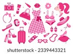 Glamorous trendy pink stickers set. Nostalgic 2000s style collection. Pink trendy set,  doll accessories and clothing. Used to create attractive jewelry, stationery.