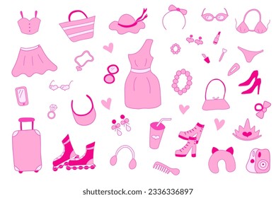 Glamorous trendy pink stickers set. Nostalgic barbiecore 2000s style collection.Isolated elements on white background: dress, swimsuit, phone, camera, glasses, lipstick, hat, shoes, bag, rollers. 