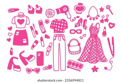 Glamorous trendy pink stickers set. Nostalgic barbiecore 2000s style collection. Can be used to design vibrant and eye-catching decorations, stationery.