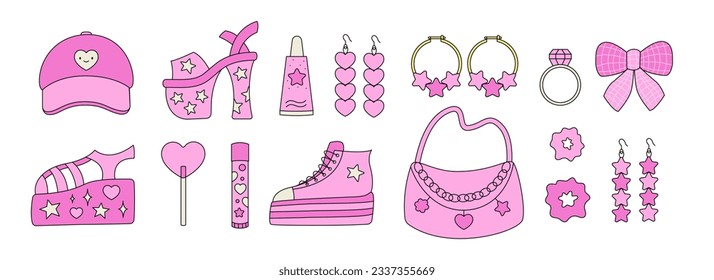 Glamorous trendy pink stickers set. Nostalgic pinkcore 2000s style